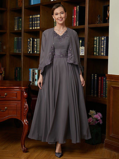 Vestidos para madre de la novia de corte A/princesa, de gasa, con apliques, escote en V, sin mangas y largo hasta los tobillos