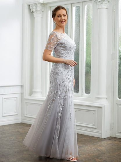 Vestidos de Madre de la Novia de Corte A/Princesa, Tul Fruncido, Escote Barco, Mangas Cortas, Largo hasta los Tobillos