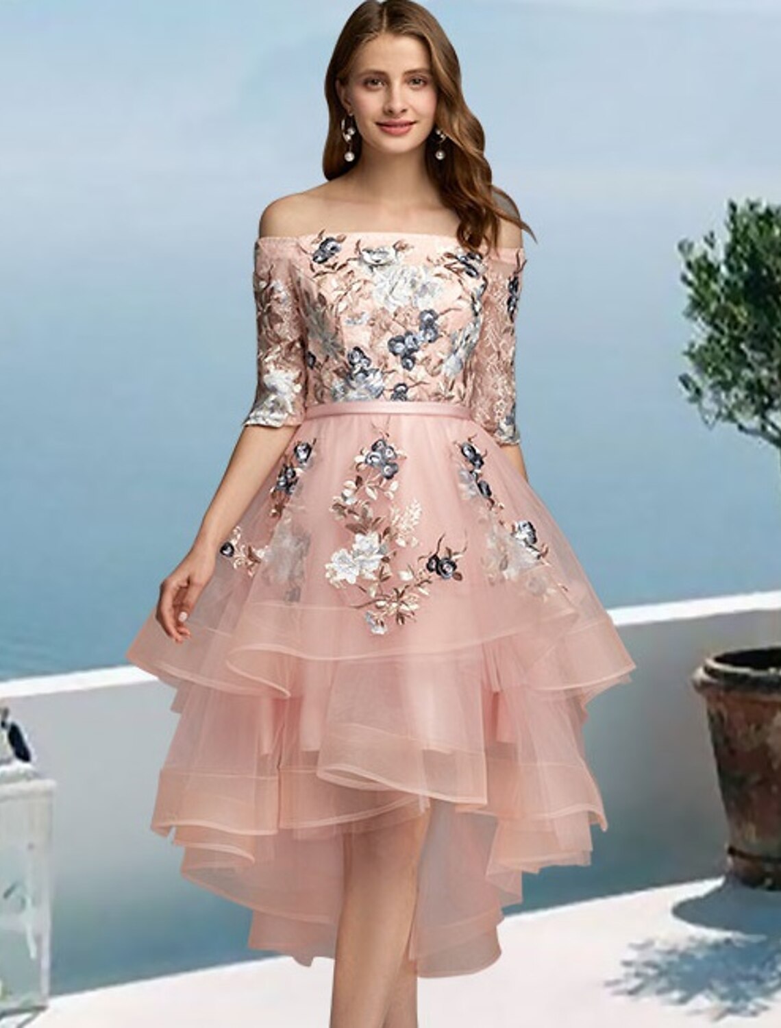 A-Line Prom Dresses Floral Dress Evening Party Wedding Party Asymmetrical Half Sleeve Off Shoulder Satin with Embroidery Applique