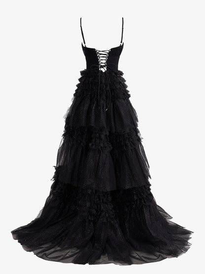 A-Line Deep V Neck Tiered Long Glitter Tulle Prom Dress