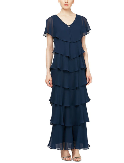Etuikleid/Säulenkleid für die Brautmutter, Übergröße, V-Ausschnitt, knöchellang, Chiffon, kurze Ärmel, mit Stufen