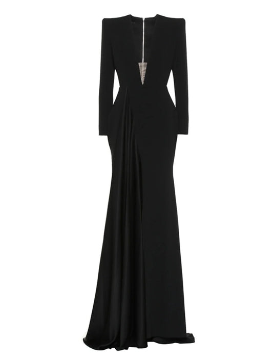 Vestido de noche elegante de corte A, color negro champán, talla grande, formal, con cola larga, escote en V, tejido elástico con pliegues y abertura.