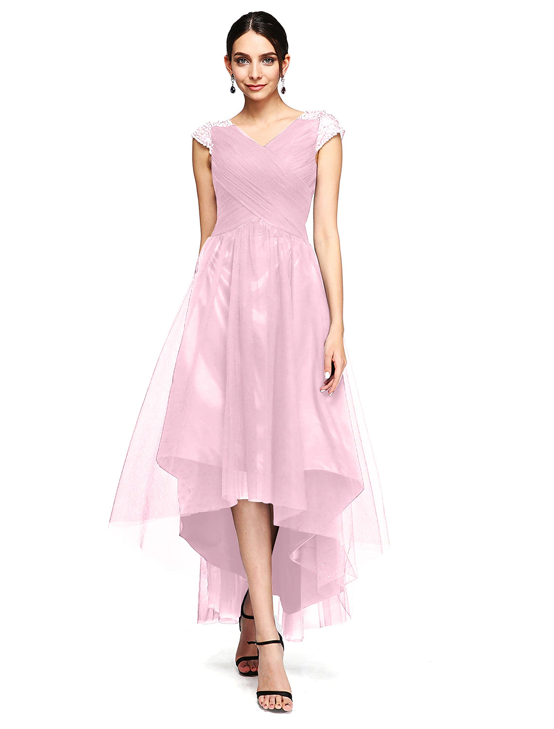 A-Linien-Kleid für besondere Anlässe, rückenfreies Kleid für Hochzeitsgäste, Abschlussball, asymmetrisch, kurze Ärmel, V-Ausschnitt, Tüll mit überkreuzten Perlen