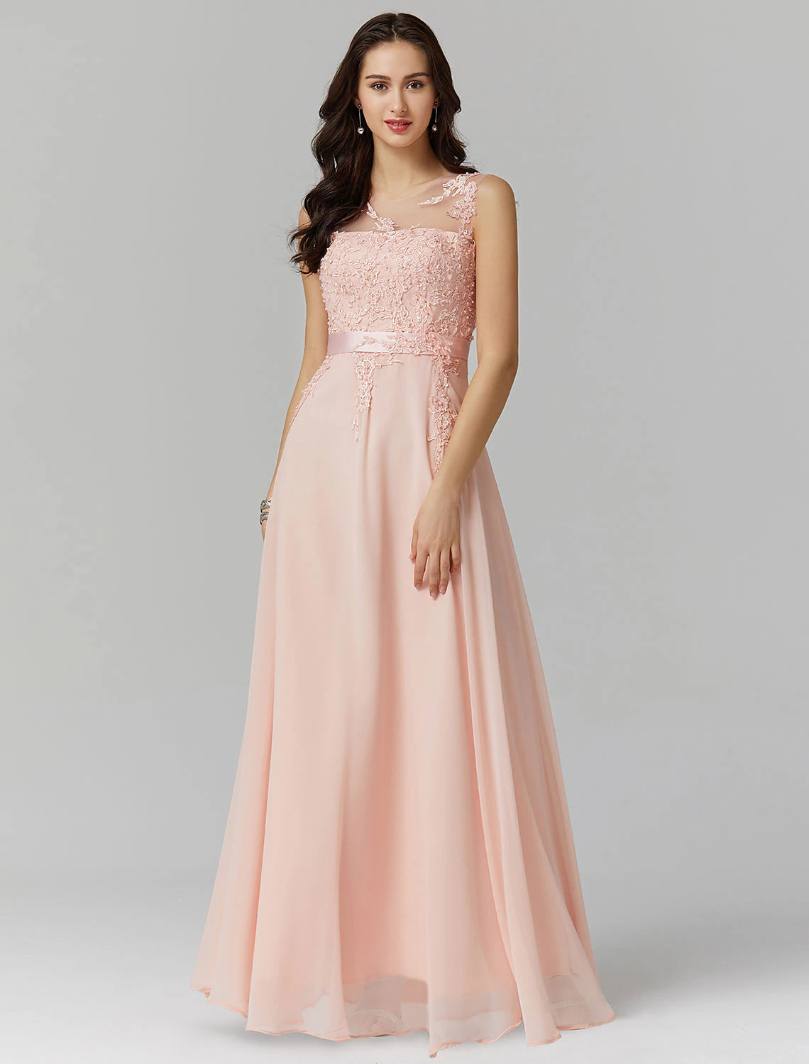 Vestido estilo chino de corte A para invitada de boda, baile de graduación, largo hasta el suelo, sin mangas, cuello ilusión, gasa, espalda en V con apliques de cuentas