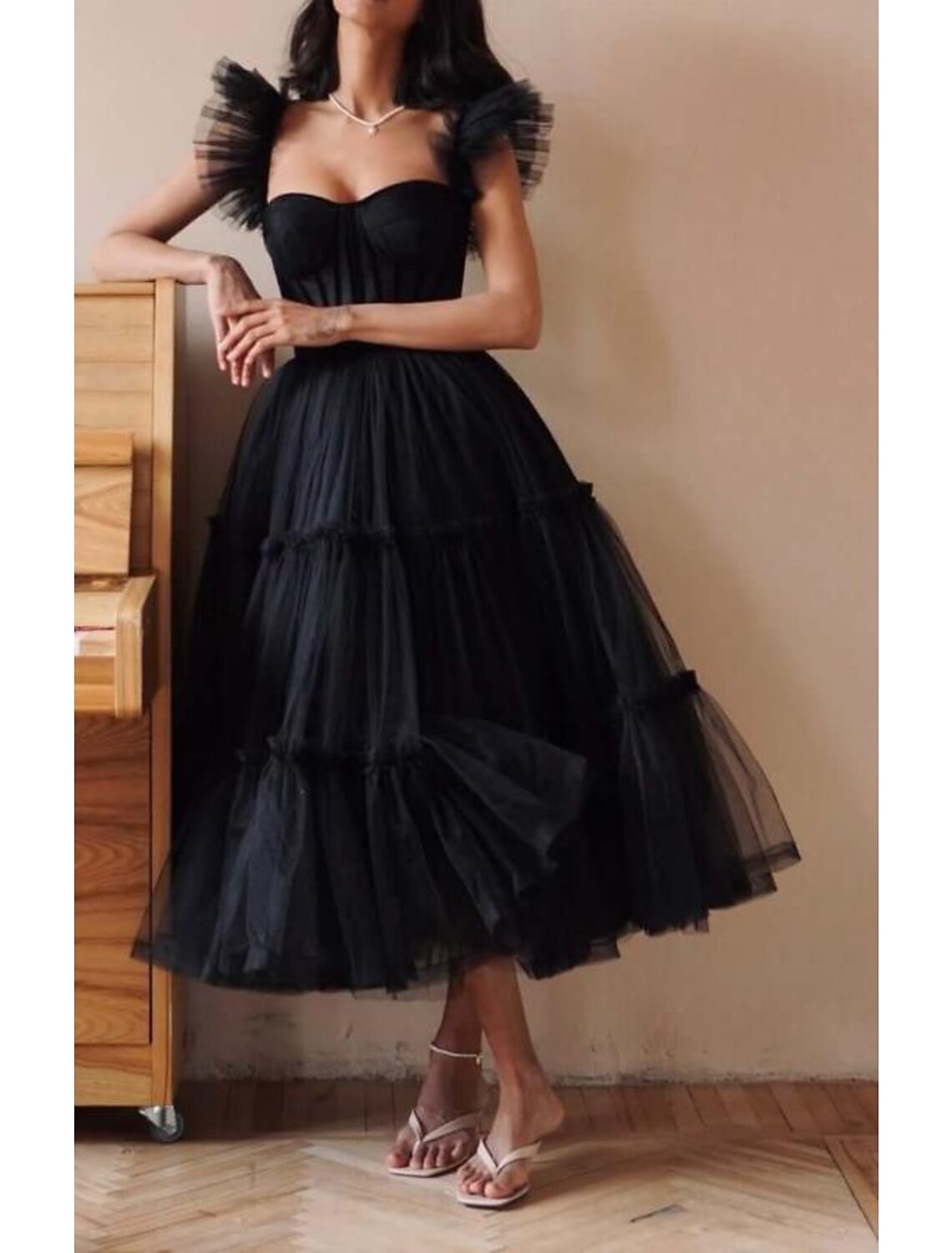 A-Linien-Abschlussballkleid in Schwarz, Vintage-Kleid, Maskerade, knöchellang, ärmellos, Sweetheart Wednesday, Addams Family, Tüll, überkreuzter Rücken mit Falten und Rüschen