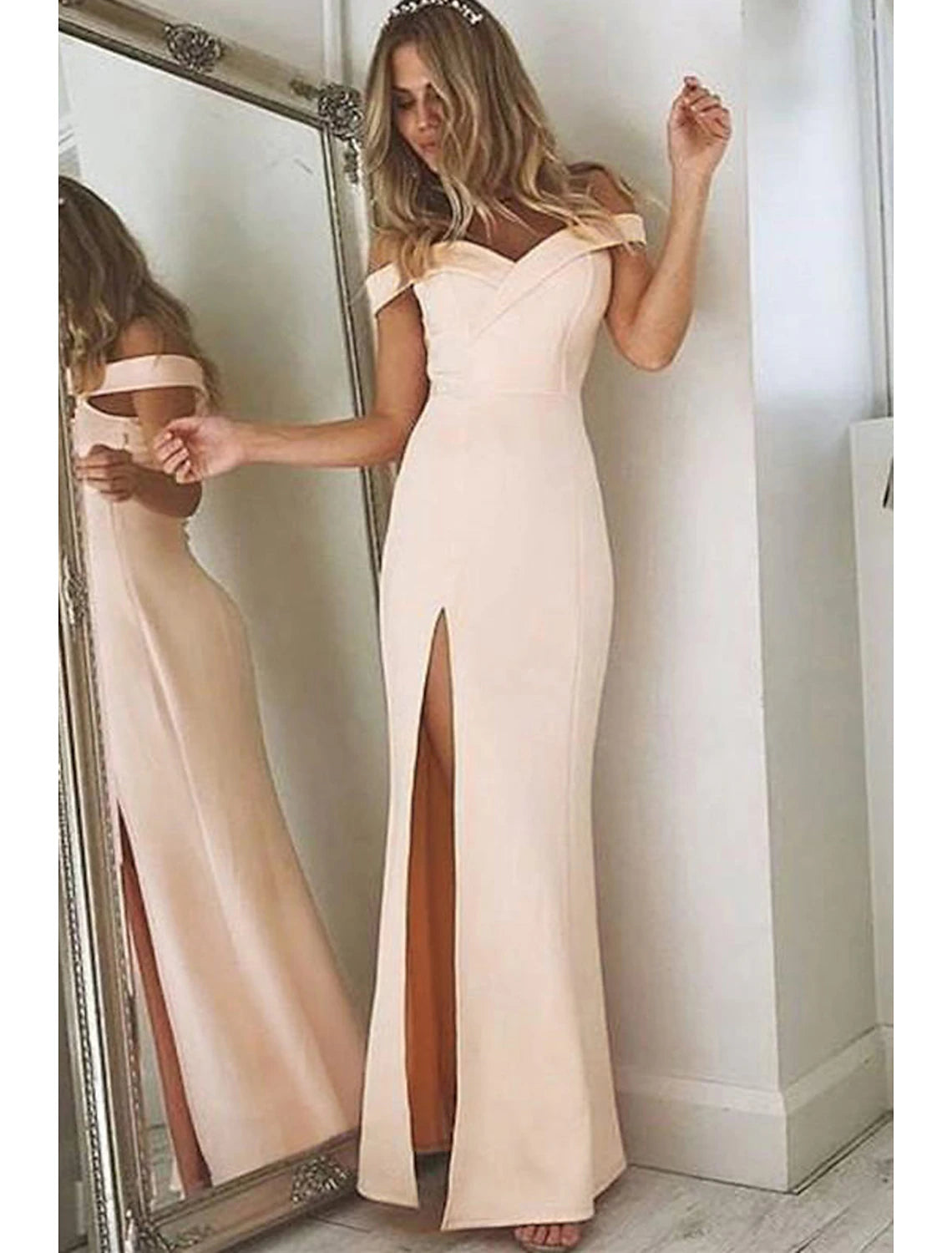 Vestido de fiesta de sirena/trompeta, sexy, formal, para invitados de boda, largo hasta el suelo, sin mangas, con hombros descubiertos, para dama de honor, tejido elástico con abertura