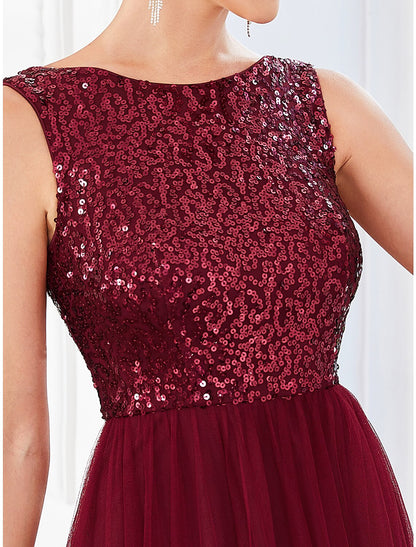 A-Linie Partykleider Sparkle &amp; Shine Kleid Hochzeitsgast Geburtstag Bodenlang Ärmellos Juwelausschnitt Tüll mit Pailletten