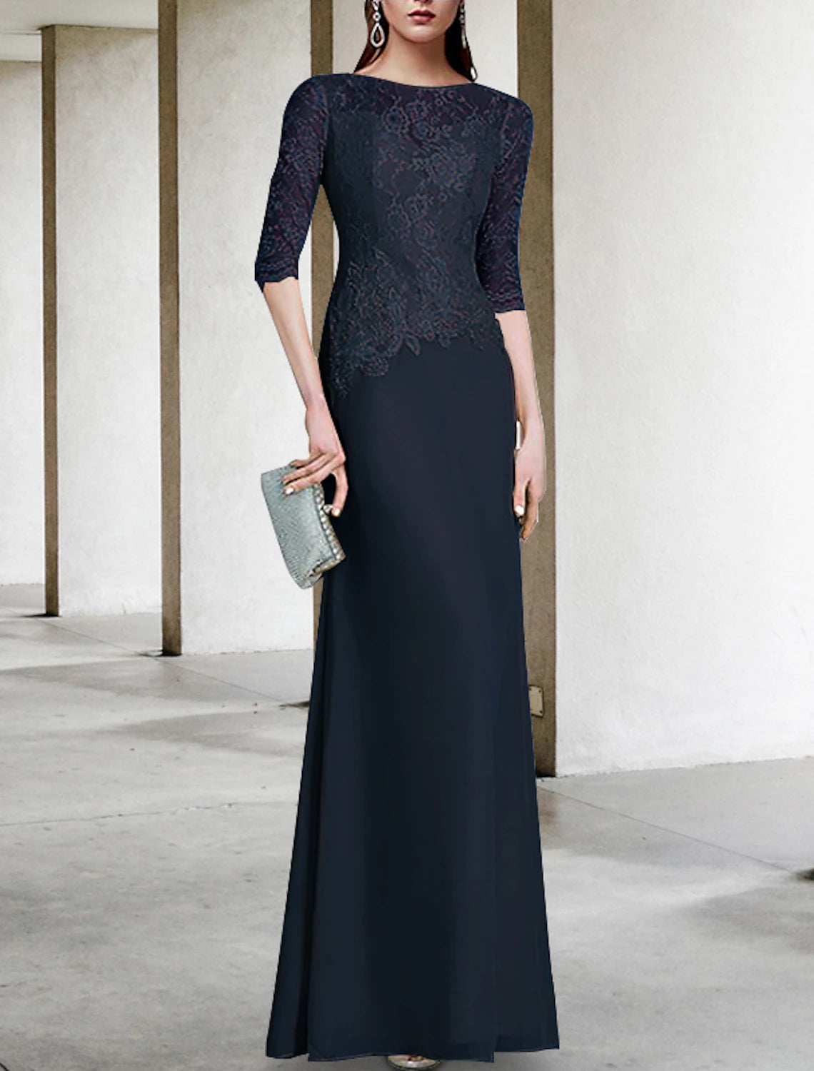 Sheath / Column Mother of the Bride Dress Wedding Guest Elegant Jewel Neck Floor Length Chiffon Half Sleeve with Lace Solid Color