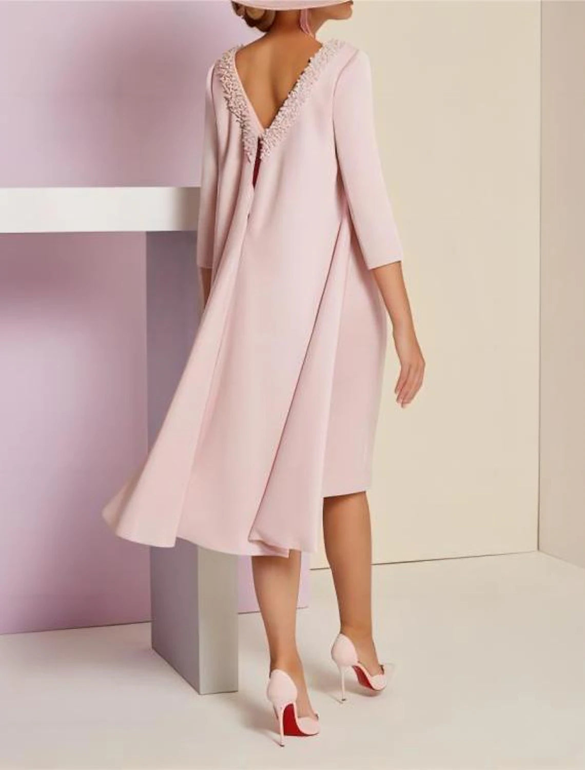 Two Piece Sheath / Column Mother of the Bride Dress Kentucky Derby Dresses Formal Wedding Guest Elegant Jewel Neck Knee Length Sequined Italy Satin 3/4 Length Sleeve with Crystals Beading