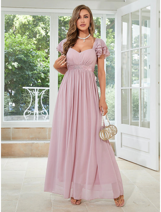 A-Linie Hochzeitsgastkleider Elegantes Kleid Partykleidung Hochzeitsfeier Bodenlang Kurzarm Quadratischer Ausschnitt Chiffon mit Rüschen
