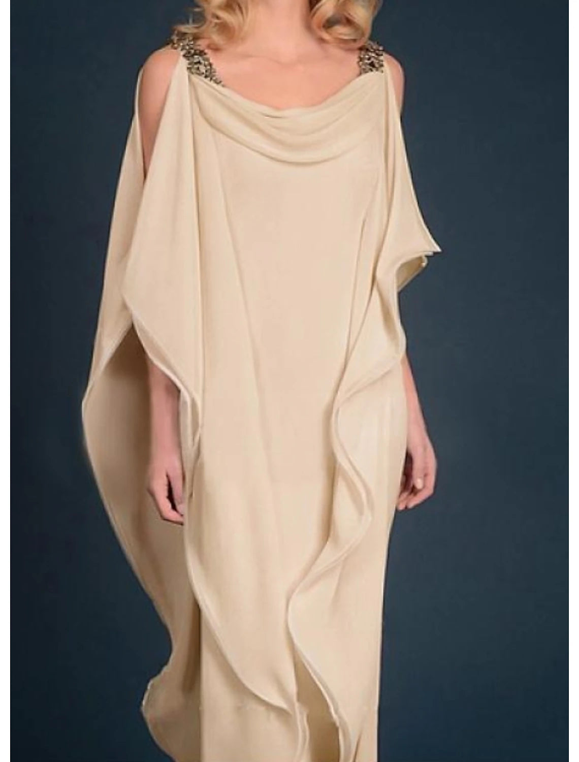 Etuikleid für die Brautmutter, Cape-Kleid, Hochzeitsgast, elegant, Übergröße, Rundhalsausschnitt, bodenlang, Chiffon, halbe Ärmel mit Perlenbesatz, kaskadierende Rüschen