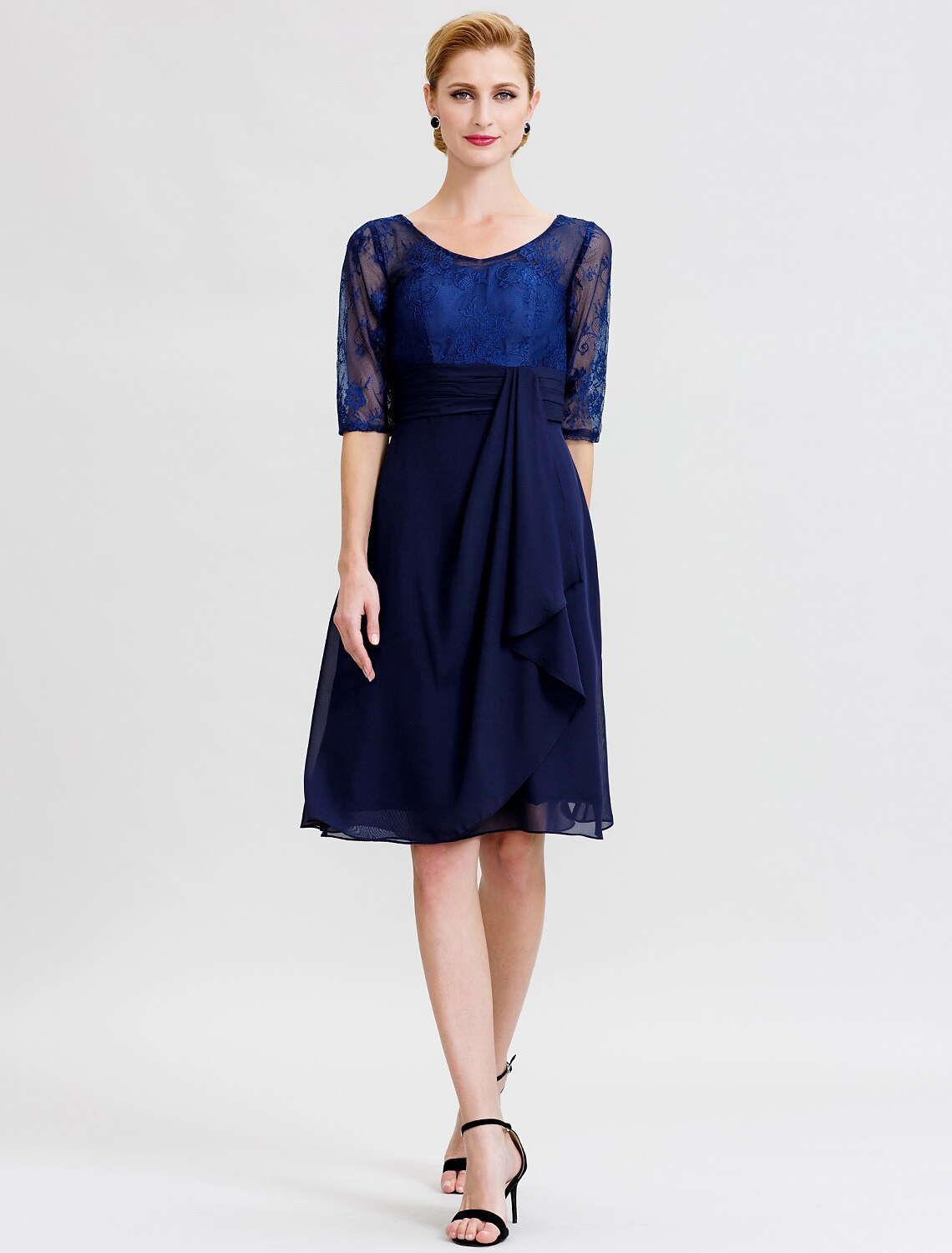 A-Line / Two Piece Jewel Neck Knee Length Chiffon / Corded Lace Mother of the Bride Dress with Sash / Ribbon