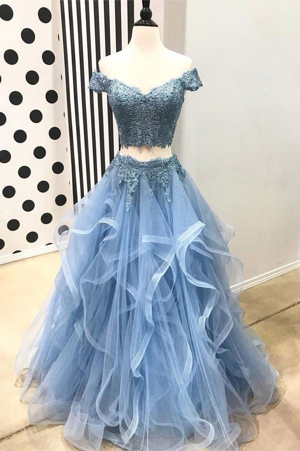 Two Pieces Off Shoulder Short Sleeve Lace Light Blue Prom Dress