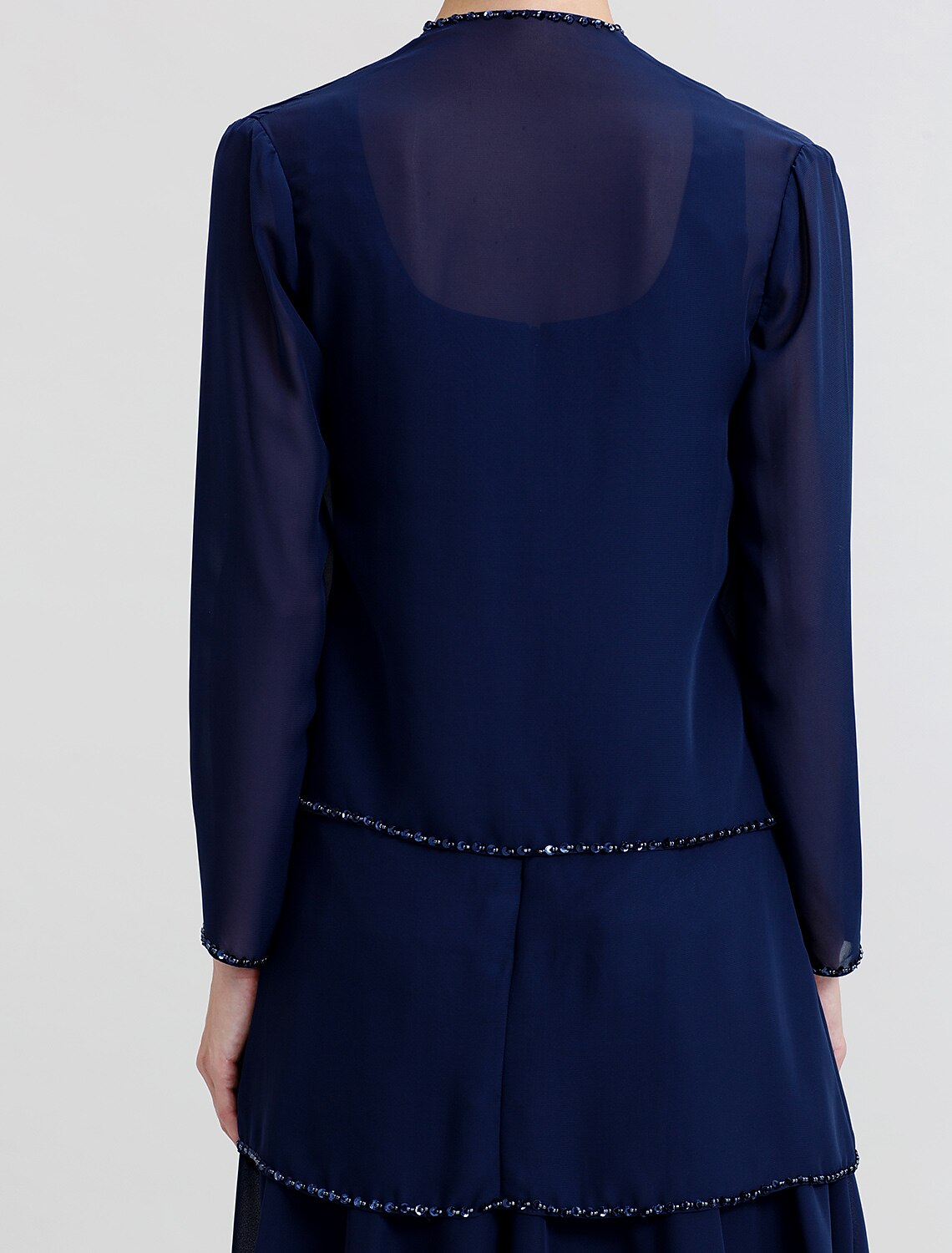 Vestido de gasa para madre de la novia, de dos piezas, con escote redondo, largo hasta la rodilla, con cuentas y lentejuelas.