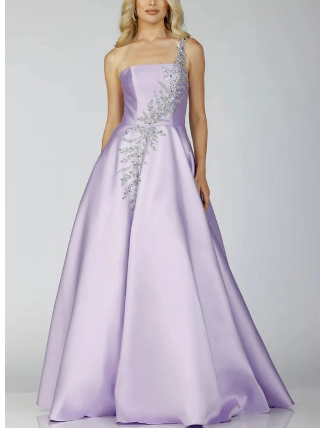 A-Line Prom Dresses Sparkle Dress Formal Prom Floor Length Sleeveless One Shoulder Satin Backless with Glitter Sequin