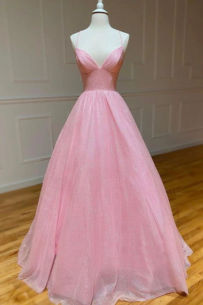 A-Linie V-Ausschnitt Tüll Langes rückenfreies Partykleid Ballkleid