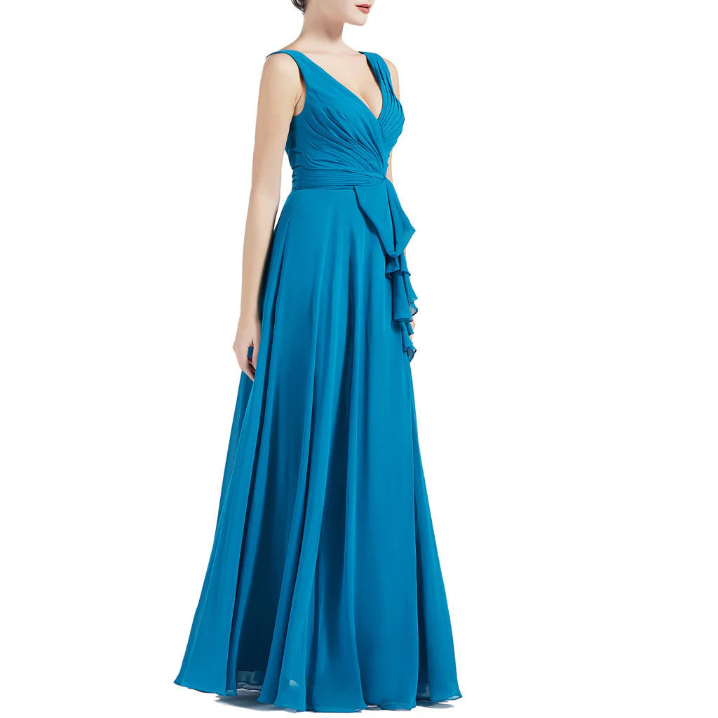 A Line V Neck Long Pleated Wedding Party Bridesmaid Dresses