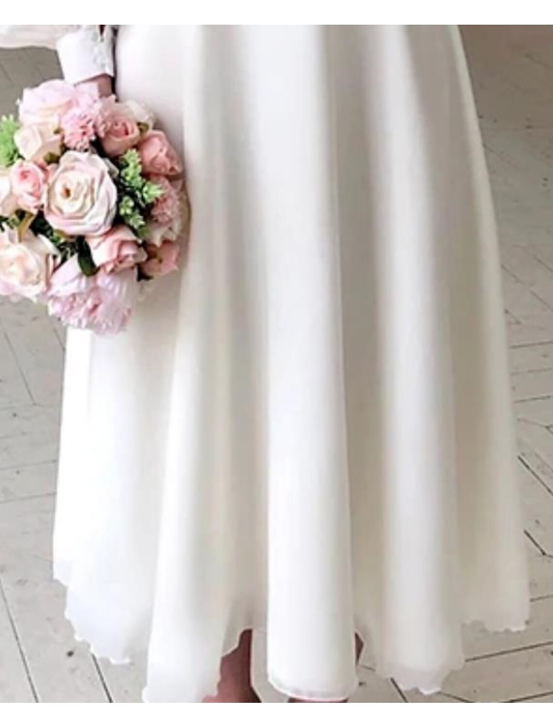 Empfang Kleine Weiße Kleider Brautkleider A-Linie V-Ausschnitt Langarm Knöchellang Chiffon Brautkleider Mit Volltonfarbe