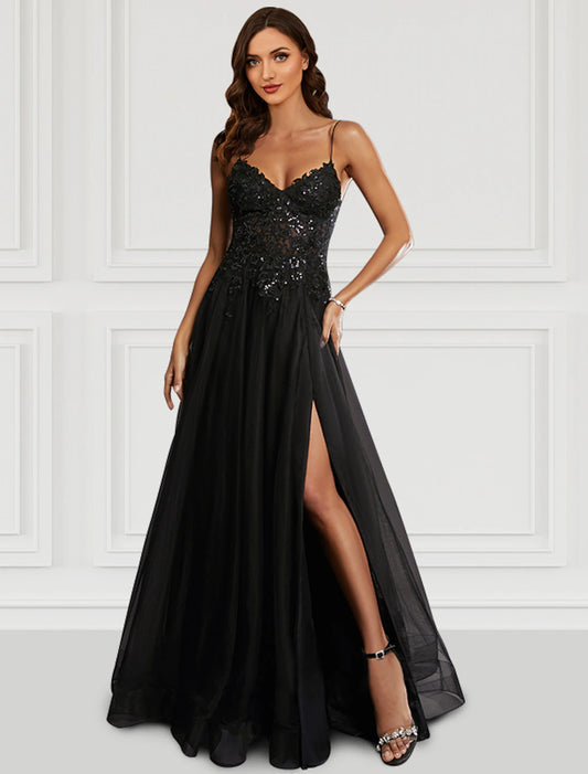 A-Linie Ballkleid Schwarz Blumenkleid Partykleidung Hochzeitsfeier Bodenlang Ärmellos Spaghettiträger Tüll mit Glitzerschlitz