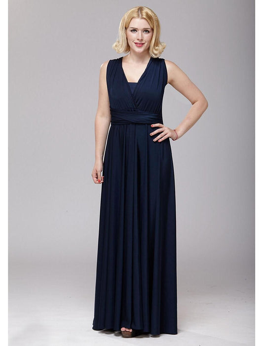 A-Line Bridesmaid Dress V Neck Sleeveless Floor Length Spandex with Sash / Ribbon