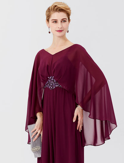 Etuikleid/Säulenkleid für die Mutter der Braut, formell, klassisch und zeitlos, elegant und luxuriös, elegant, V-Ausschnitt, bodenlang, Chiffon, lange Ärmel, mit Falten, Perlenbesatz