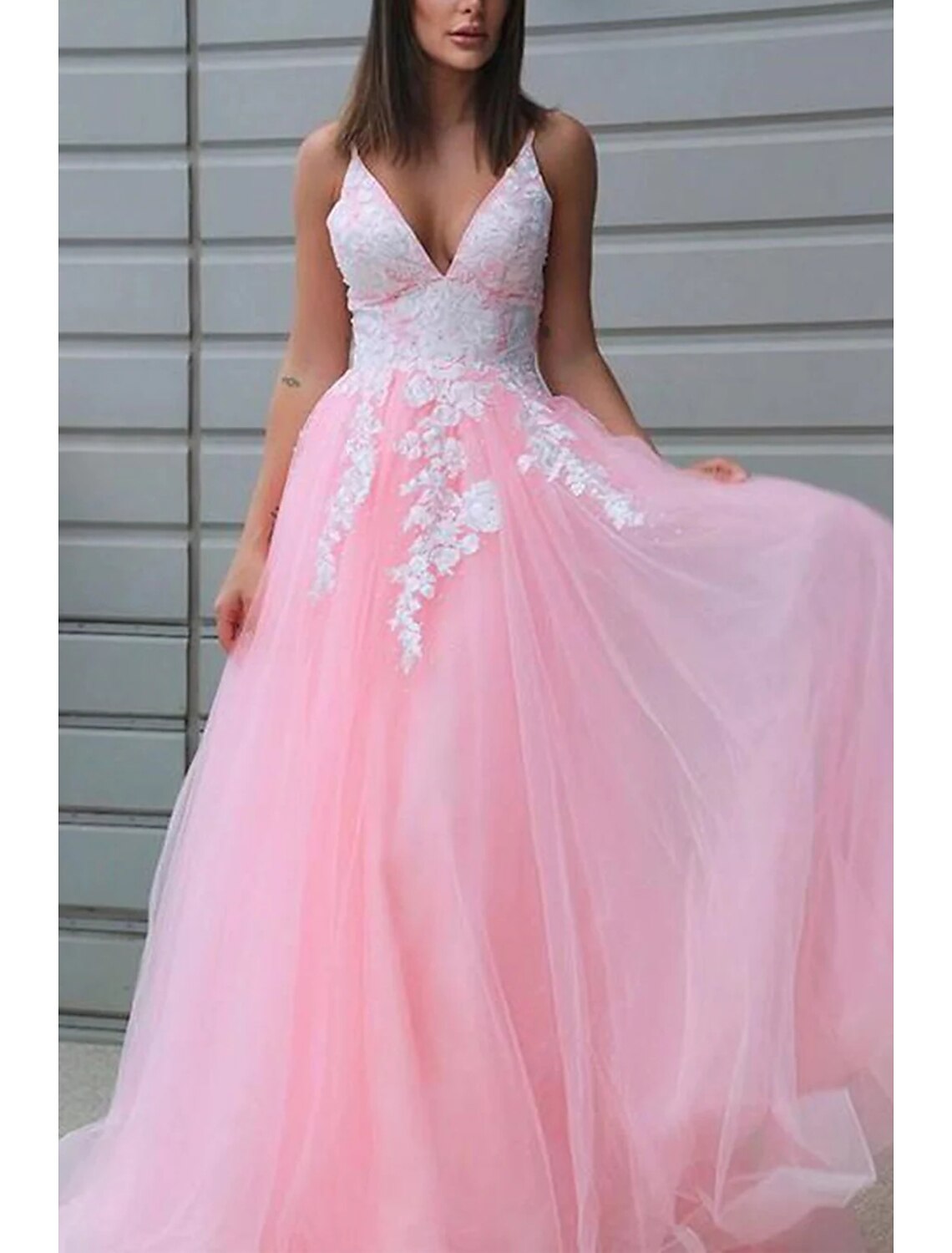 Vestidos de fiesta de corte A, estilo princesa, formales, para bodas, largos, sin mangas, cuello en V, de tul con pliegues y apliques