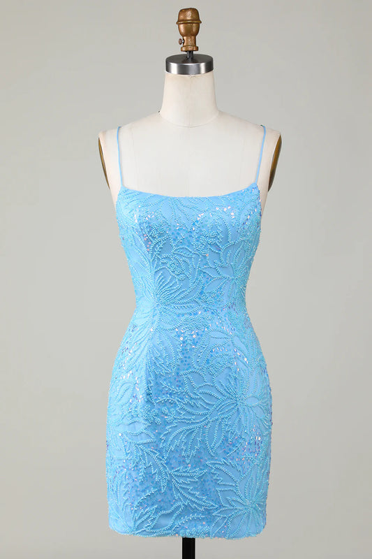 Sparkly Beaded Tight Short Homecoming Dress with Lace Up Back