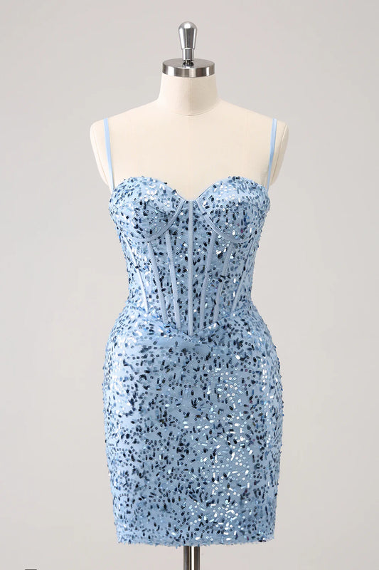 Sparkly Tight Sequins Spaghetti Straps Homecoming Dress