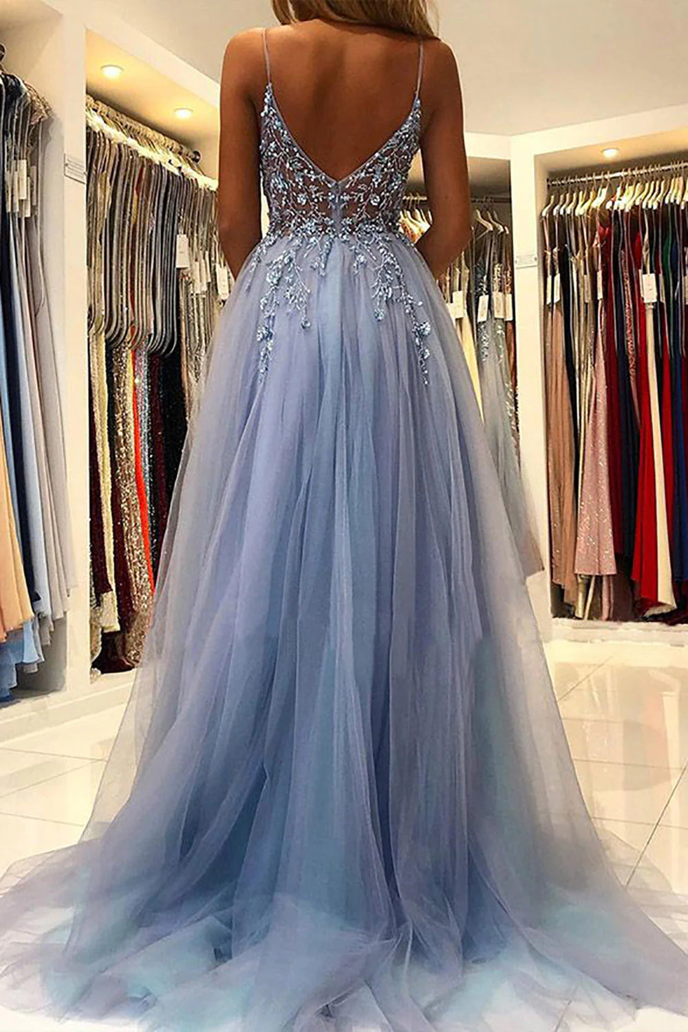 A-Line Spaghetti Appliques Straps Long Prom Dress