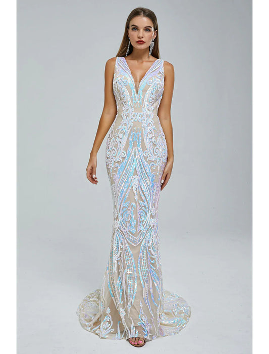 Vestido de noche de sirena/trompeta con brillo y destellos, para invitados de boda, de compromiso, con cola de corte, sin mangas, cuello en V y lentejuelas.