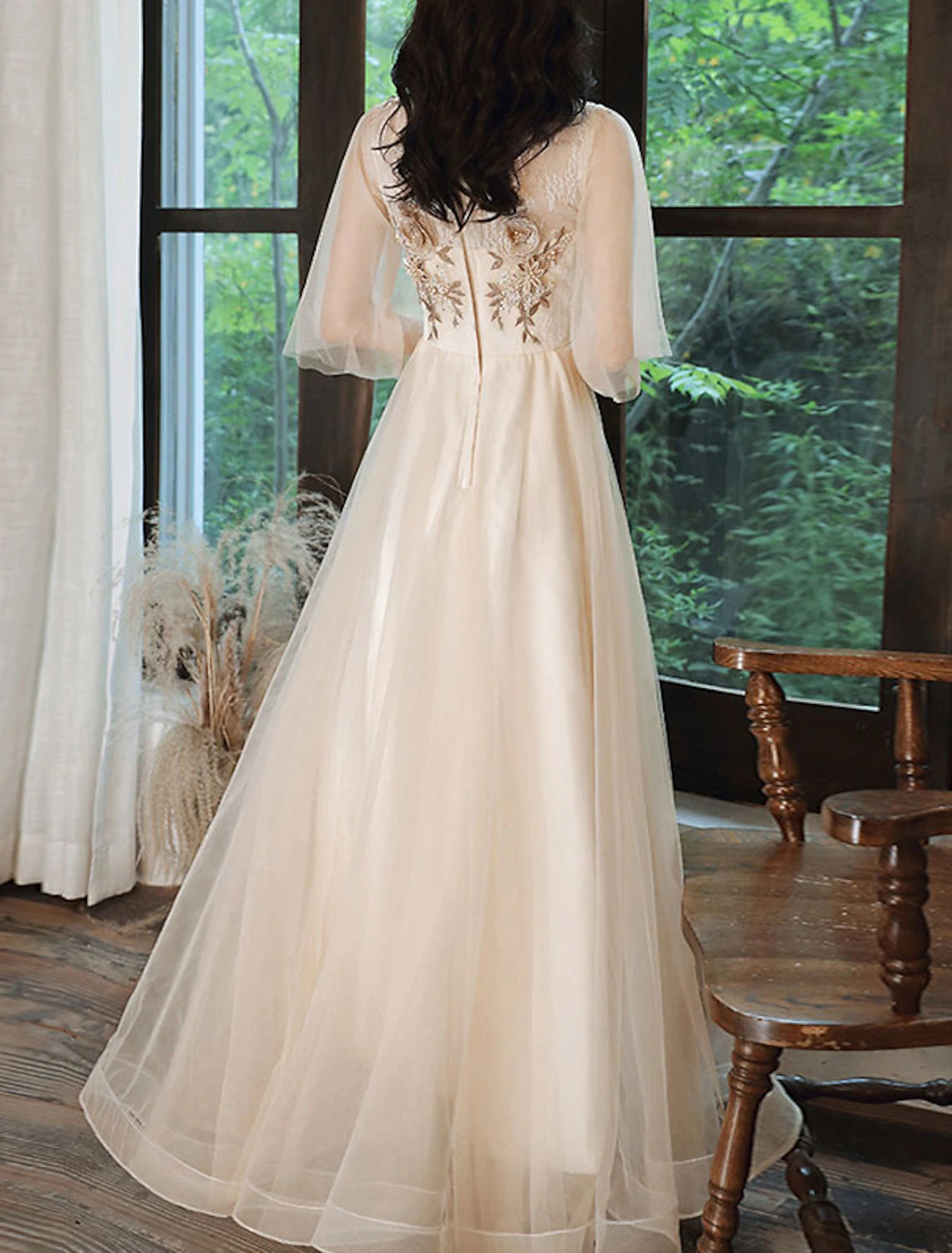 A-Line Prom Dresses Cute Dress Valentine's Day Wedding Guest Floor Length Half Sleeve V Neck Tulle with Beading Appliques