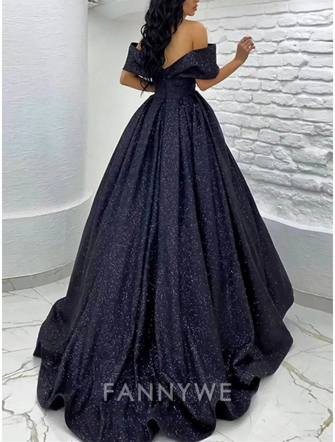 FannyWe Simple A-Line Prom Dresses Elegant Dress Black Tie Gala Sweep / Brush Train Short Sleeve Off Shoulder Sequined with Glitter Pleats