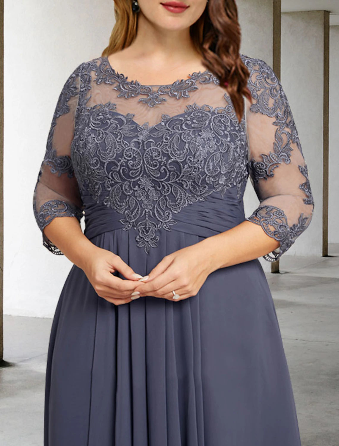 A-Line Plus Size Curve Mother of the Bride Dresses Elegant Fall Wedding Guest Dress Formal Asymmetrical 3/4 Length Sleeve Jewel Neck Chiffon with Pleats Ruched Appliques