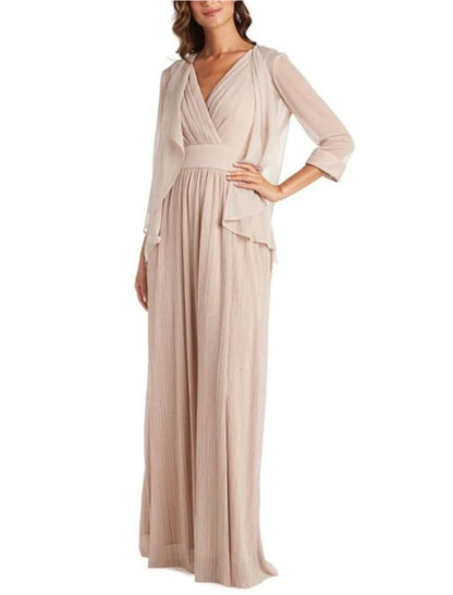 Two Piece Mother of the Bride Dress Simple Elegant V Neck Floor Length Chiffon 3/4 Length Sleeve with Pleats Solid Color 2023