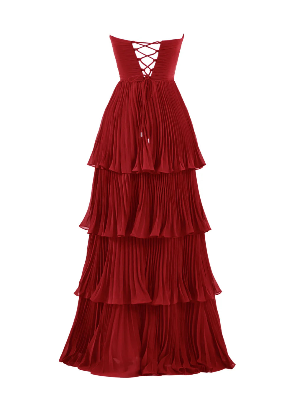 Vestido de fiesta largo multicapa con volantes y sin tirantes