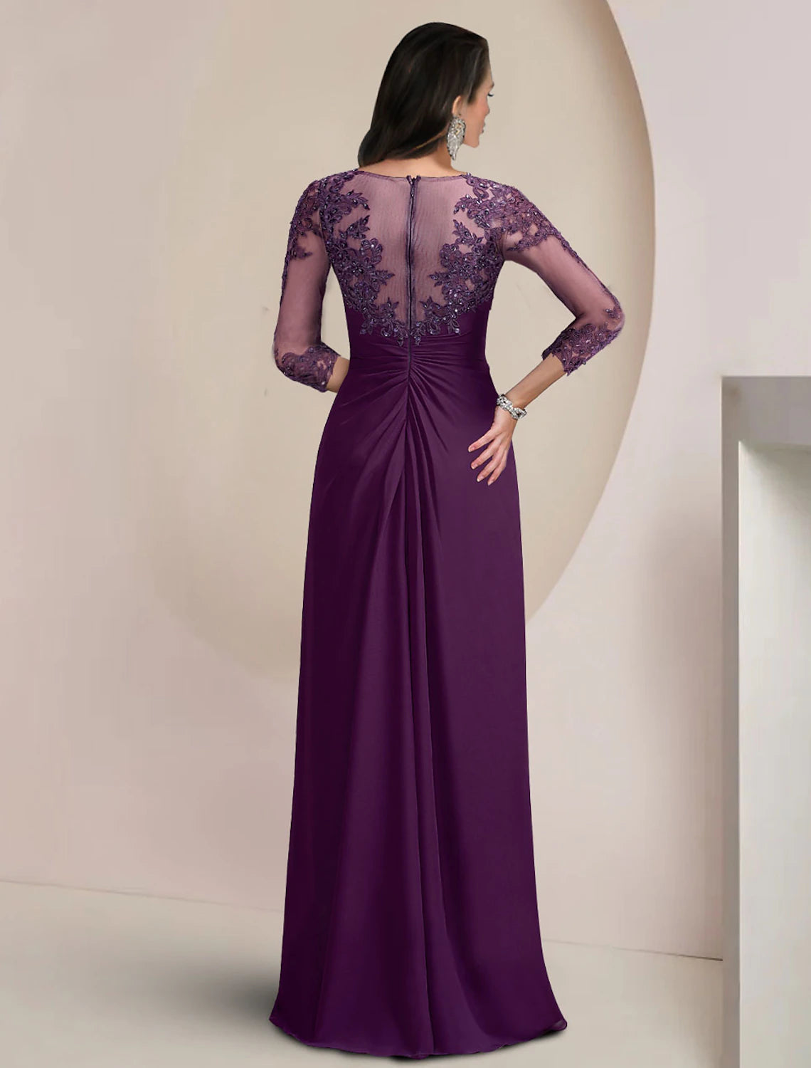 Vestido de madre de la novia con corte tubo/columna, elegante, para invitadas a bodas de otoño, con brillo y brillo, cuello joya, asimétrico, largo hasta el suelo, de gasa, con encaje, mangas 3/4 y apliques de lentejuelas.