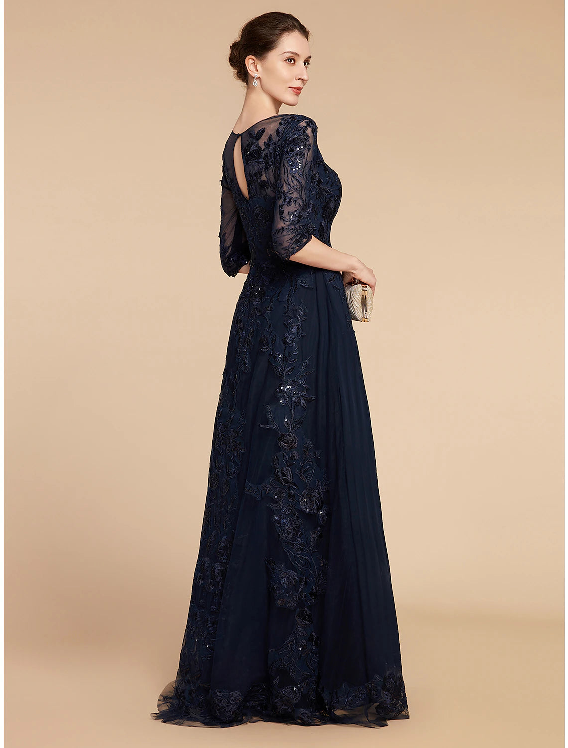A-Line Mother of the Bride Dress Formal Wedding Guest Elegant Party Scoop Neck Floor Length Chiffon Lace 3/4 Length Sleeve with Sequin Appliques