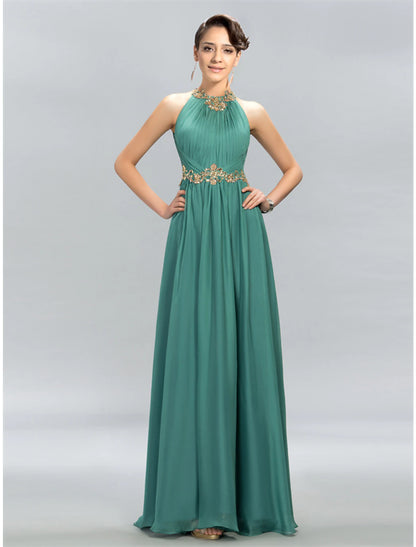 A-Linien-Kleid für Hochzeitsgäste, elegantes Kleid, Partykleidung, Hochzeitsfeier, bodenlang, ärmellos, Neckholder, Chiffon mit gerüschten Applikationen