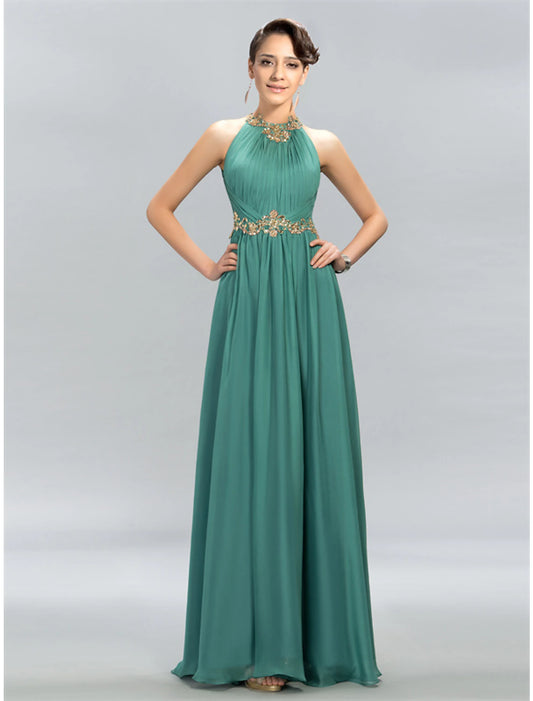 A-Linien-Kleid für Hochzeitsgäste, elegantes Kleid, Partykleidung, Hochzeitsfeier, bodenlang, ärmellos, Neckholder, Chiffon mit gerüschten Applikationen