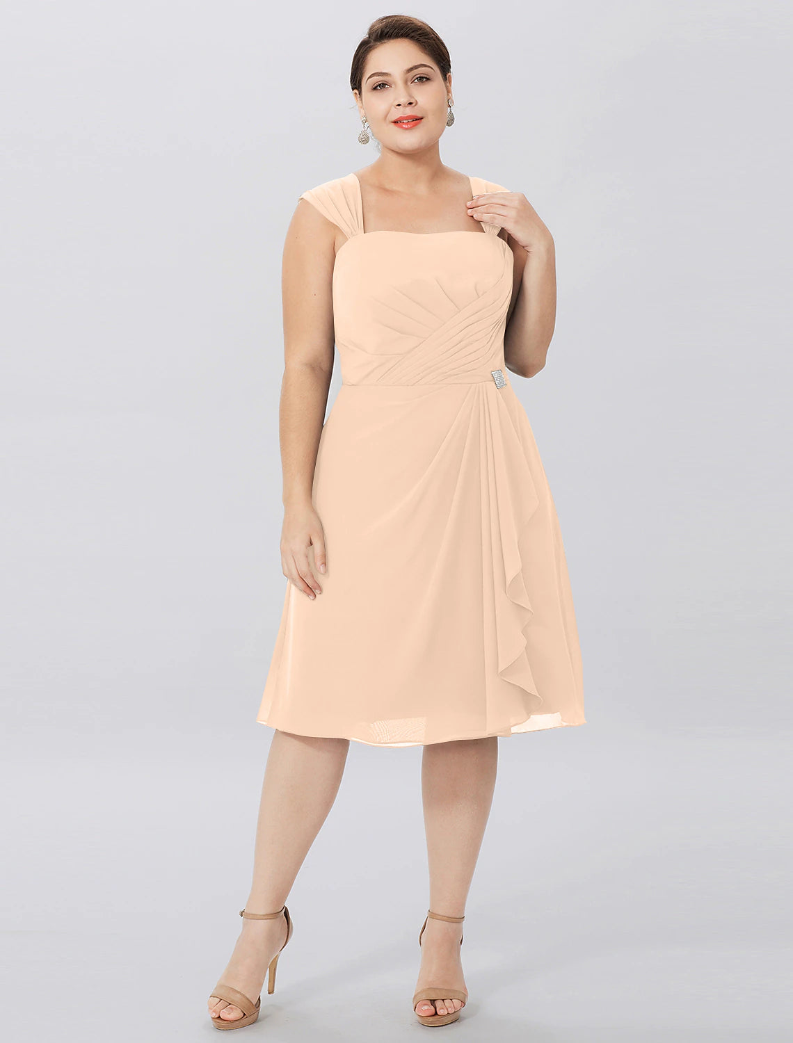 Vestido de madre de la novia de corte A, formal, talla grande, elegante, con tirantes, largo hasta la rodilla, de gasa, sin mangas, con pliegues cruzados.