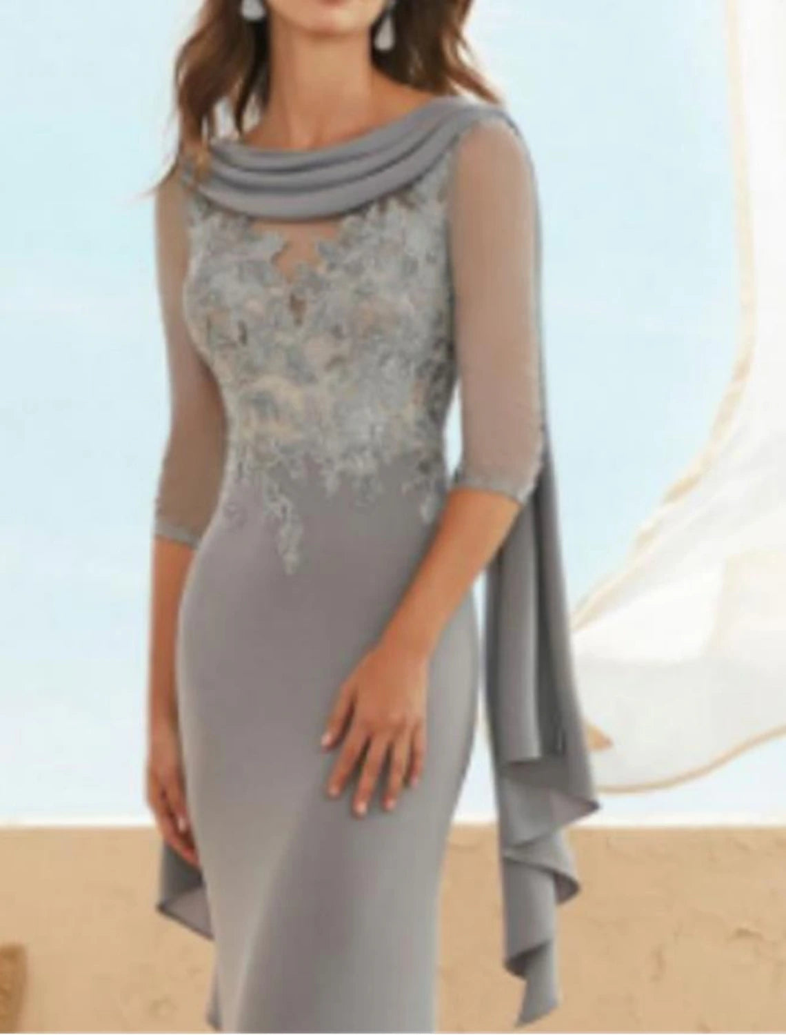 Sheath / Column Mother of the Bride Dress Wedding Guest Elegant Plus Size Jewel Neck Floor Length Chiffon Lace Half Sleeve with Appliques Ruching