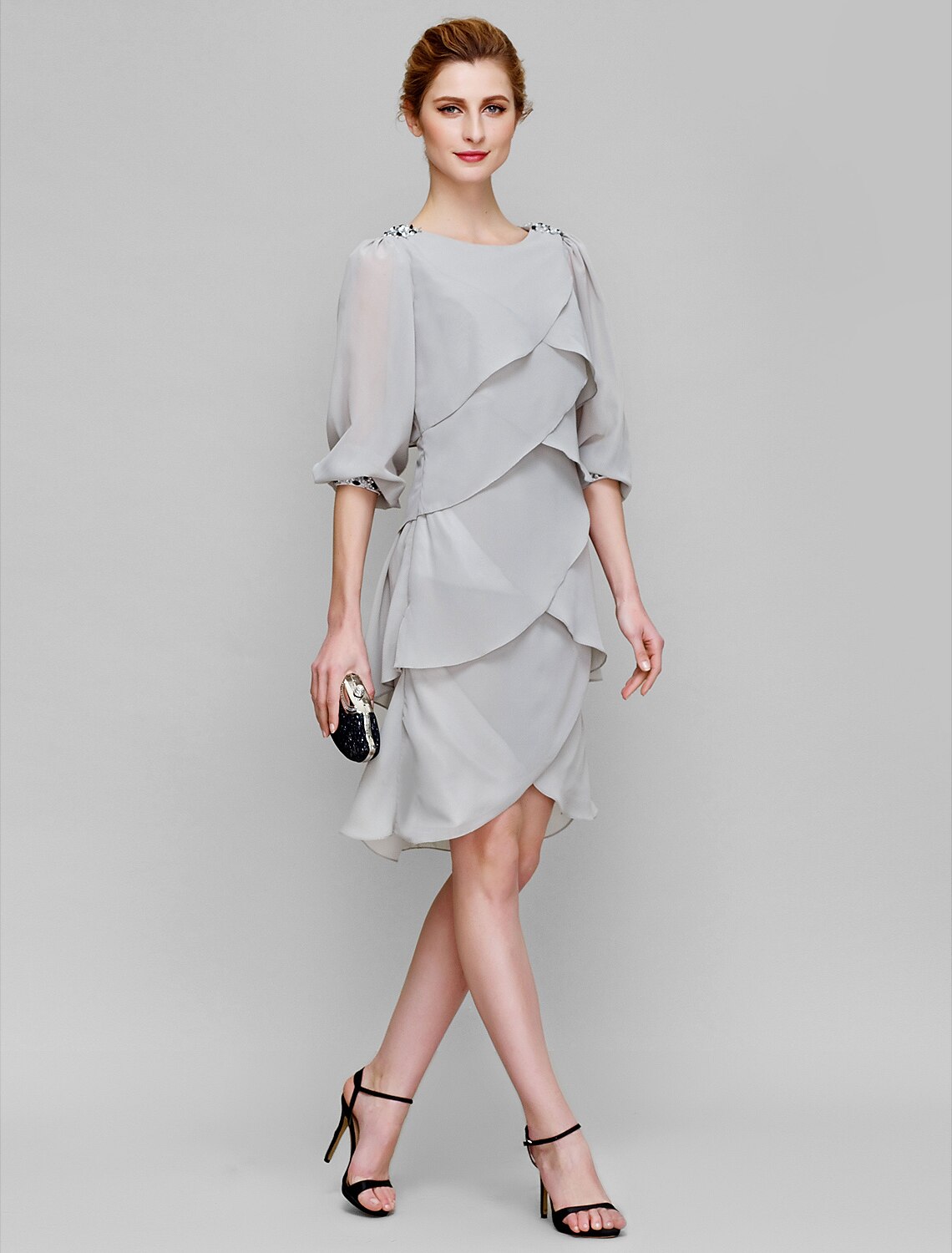 Sheath / Column Mother of the Bride Dress Scoop Neck Knee Length Chiffon Long Sleeve No with Beading