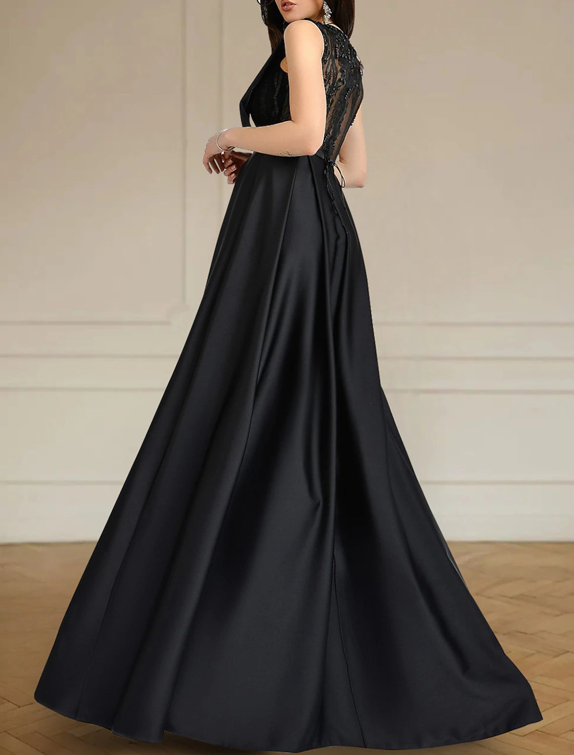 Black Wedding Dresses Formal A-Line Scoop Neck Sleeveless Floor Length Lace Satin Fall Halloween Reception Bridal Gowns With Pleats Beading