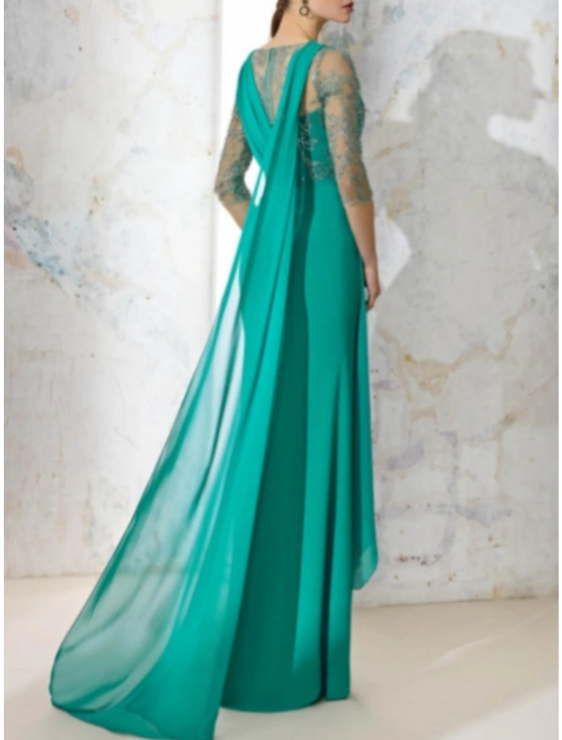 Vestido de Madre de la Novia con Corte en V, Columna, Elegante, para Invitadas de Boda, Largo hasta el Suelo, Gasa Elástica, Media Manga con Encaje, Lentejuelas, Abertura Delantera