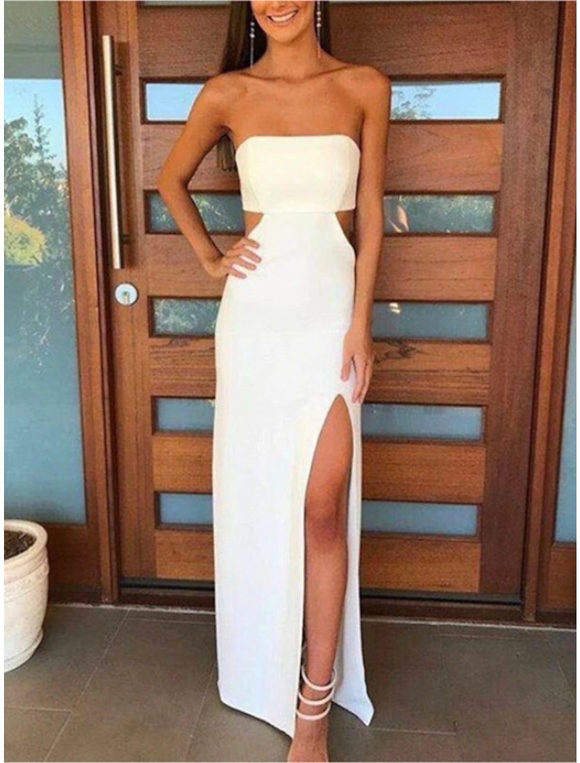 Brautdusche Kleine weiße Kleider Brautkleider Etui/Säule Herzausschnitt Ärmellos Bodenlang Stretch-Stoff Brautkleider Mit Geschlitzter Vorderseite Volltonfarbe