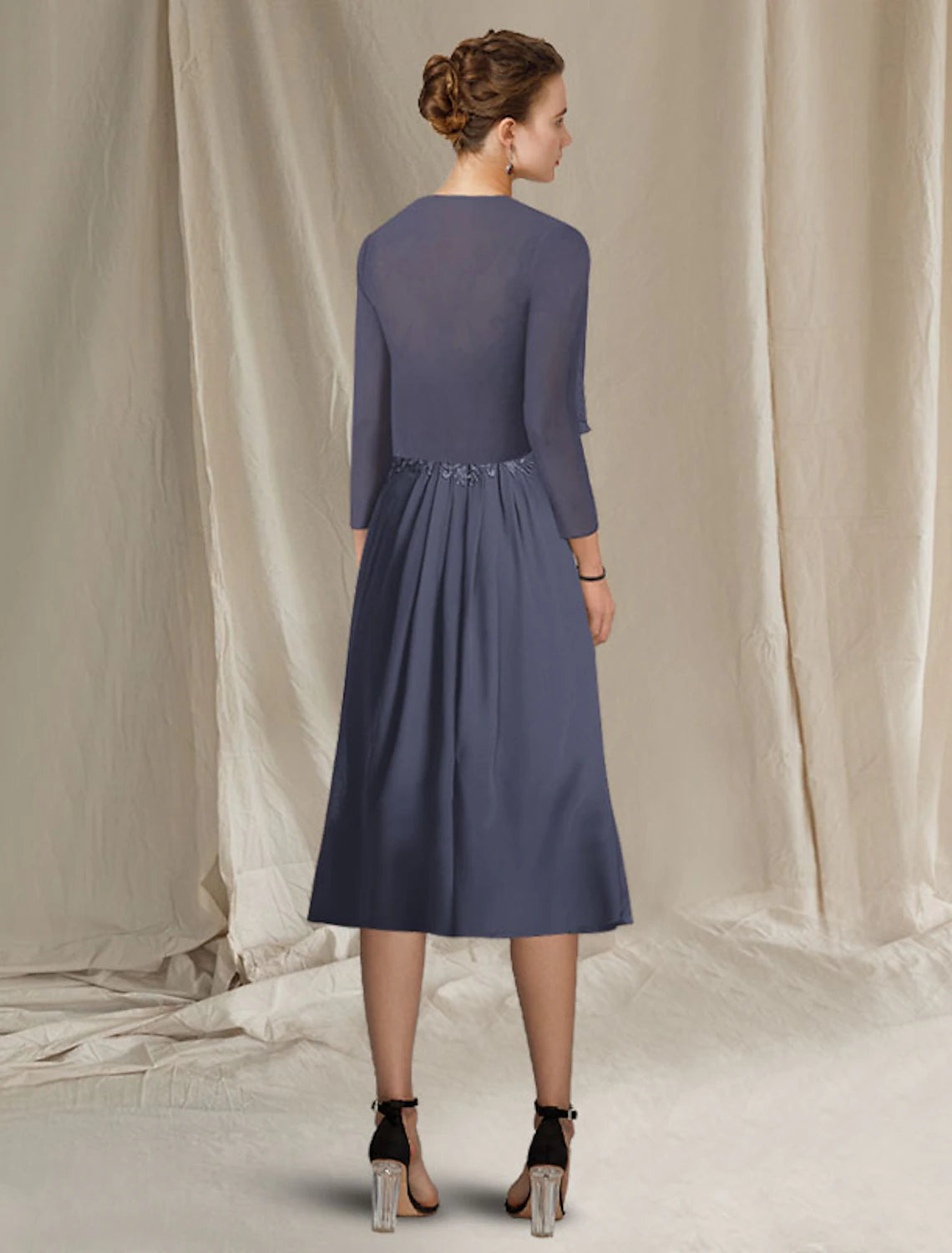 Vestido de madre de la novia de corte A, talla grande, elegante, escote en V, largo hasta la rodilla, de gasa, encaje, manga corta, cruzado, incluido con apliques