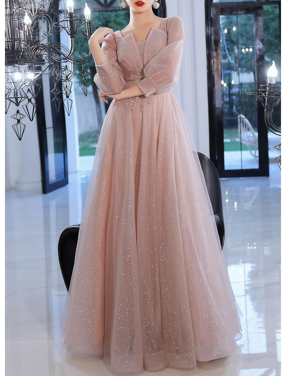 A-Line Beautiful Back Elegant Prom Formal Evening Dress V Neck V Back 3/4 Length Sleeve Floor Length Lace with Appliques