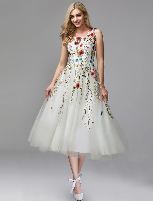 A-Linie Ballkleider Blumenkleid Hochzeitsgast Verlobung Teelänge Ärmellos Rundhals Chiffon mit Spitzeneinsatz Applikationen