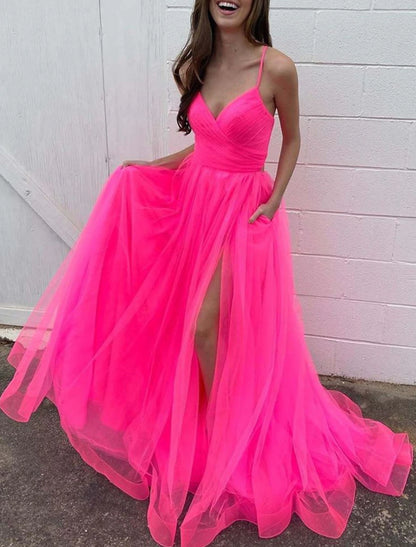 A-Linie Ballkleider Sexy Kleid Hochzeit Party Geburtstag Hofschleppe Ärmellos Spaghettiträger Organza mit Schlitz