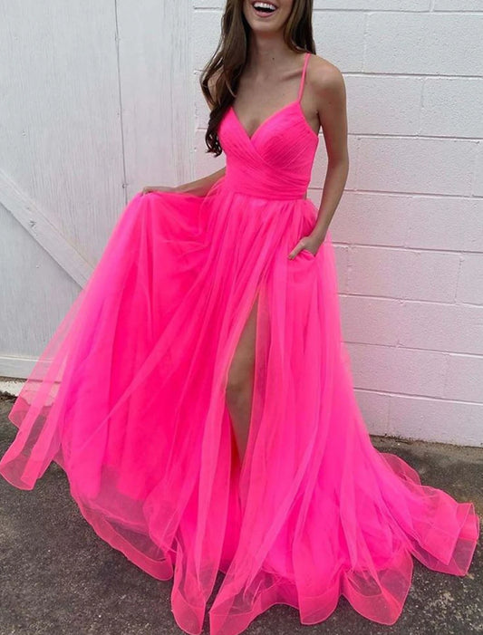 Vestidos de fiesta de corte A, vestido sexy, boda, fiesta, cumpleaños, cola de corte, sin mangas, tirantes finos, organza con abertura